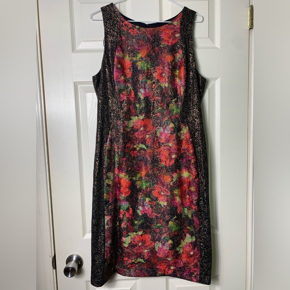 Adrianna Papell | Black & Bright Multicoloured Floral Gold Overlay Dress - 14 - Picture 1 of 4